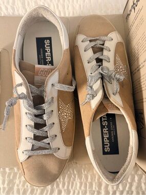Golden Goose Beige Suede Sneakers with White Panels & Silver Laces